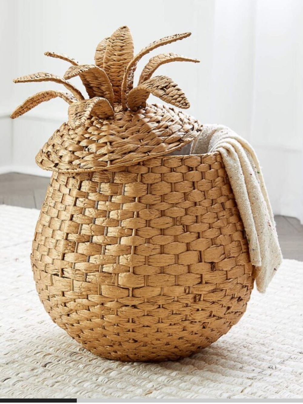 Crate & Barrel Wicker Pineapple Floor Basket Hamper